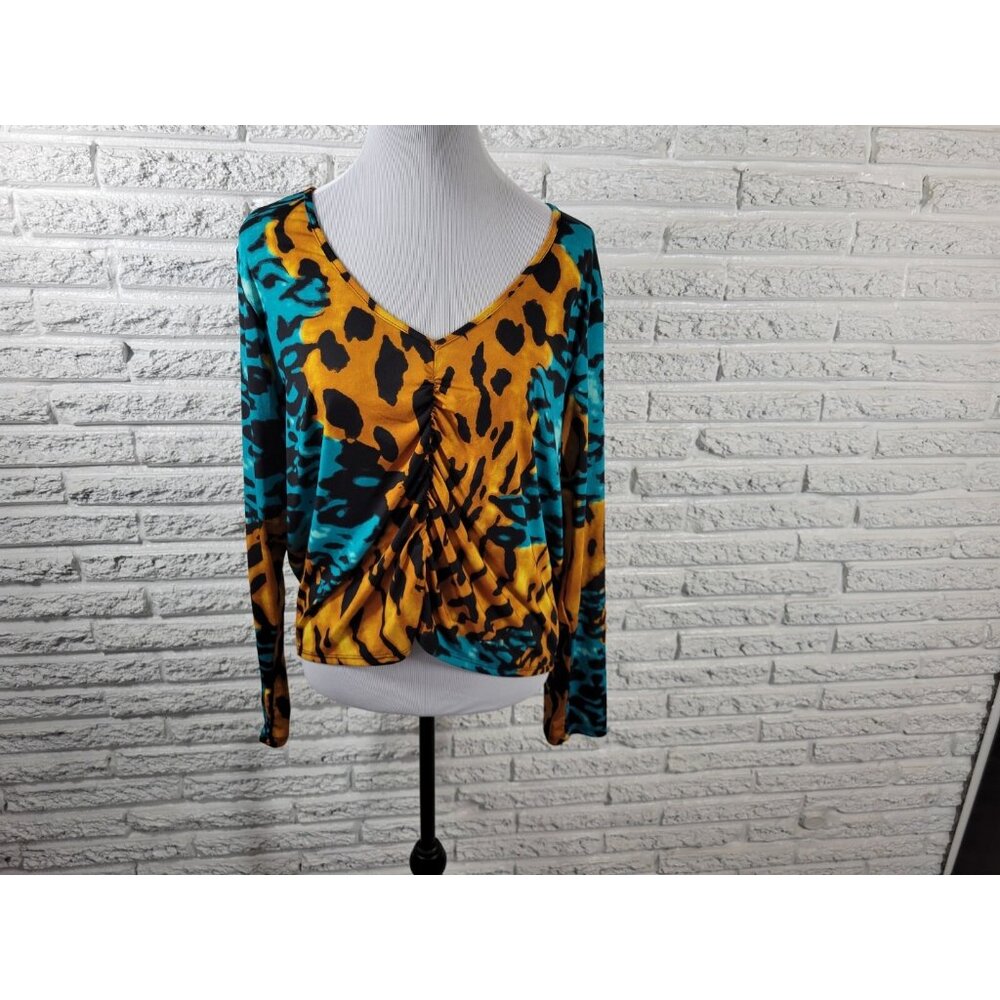Ashley Stewart Womens Top 18 20 Plus Crop Long Sleeve Blue Animal ANI55E